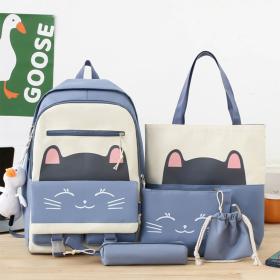 Sac À Dos Scolaire Cute Cat 5pcs en Tissu pour Adolescents Et Filles - Bleu