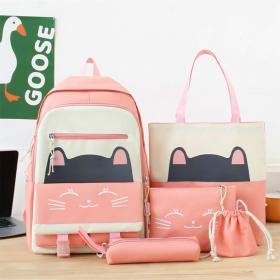 Sac À Dos Scolaire Cute Cat 5pcs en Tissu pour Adolescents Et Filles - Rose
