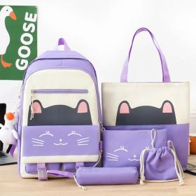 Sac À Dos Scolaire Cute Cat 5pcs en Tissu pour Adolescents Et Filles - Mauve