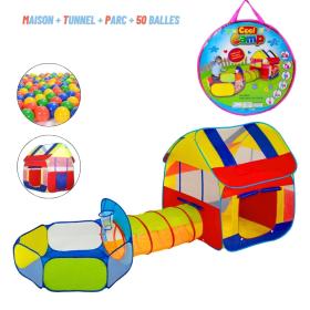 Pack Maison et tunnel de jeux avec parc et panier de basket plus 50 balles multi couleurs pour enfants